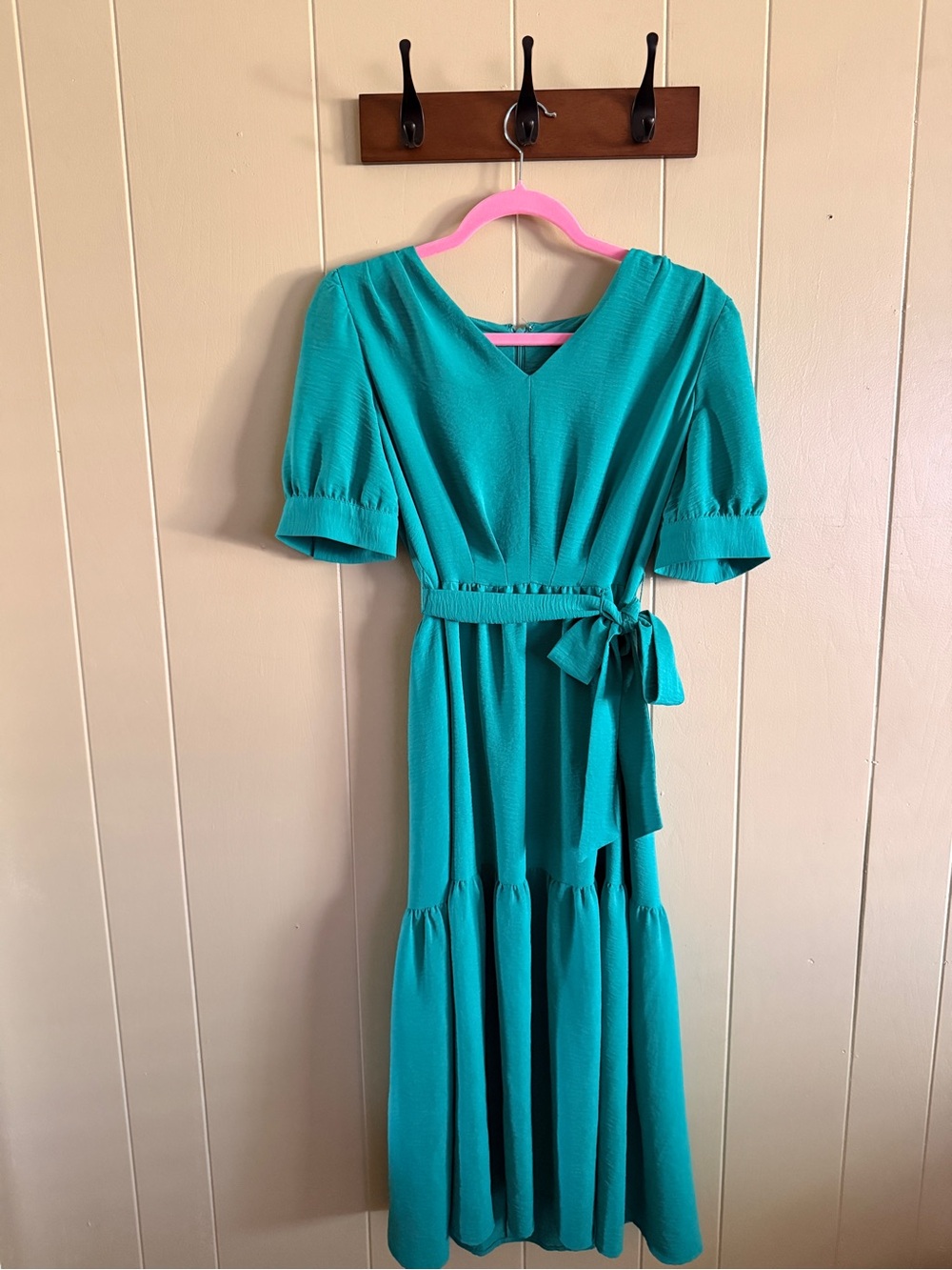 DKNY Teal V-Neck Maxi Dress with Tie Waist